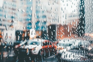 Rain drops on glass window in monsoon season with blurred city buildings background
