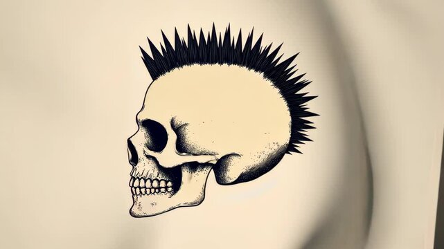 Human Skull with Bold Spiked Mohawk Embodying Punk Rock Aesthetic Design in Edgy Retro Punk Style Illustrating Alternative Subculture and Rebellion Concepts