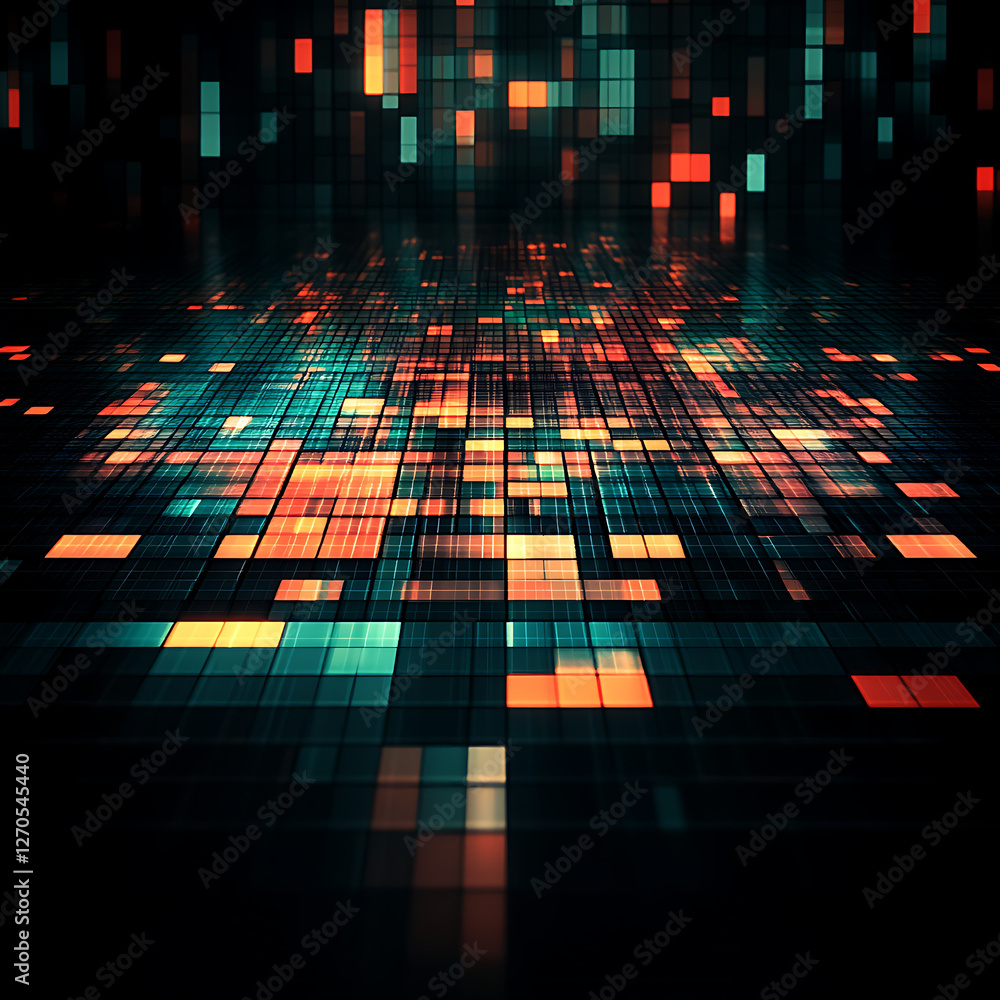 Poster abstract matrix grid digital data flow background with orange and teal rectangular blocks