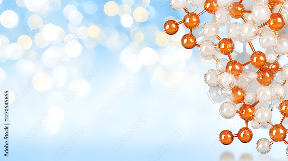 Poster abstract molecular structure design with bokeh lights on a dreamy blue gradient background