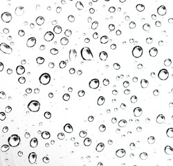 The image is a close up of raindrops on a window