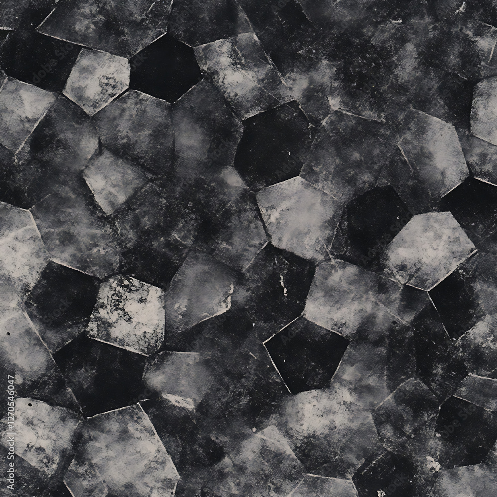 Poster abstract mosaic tile pattern in dark gray tones featuring hexagonal and pentagonal shapes and grunge