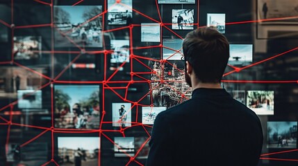 Investigative professional analyzing a detailed board with photographs, red string connections showing connections and evidence linking various places