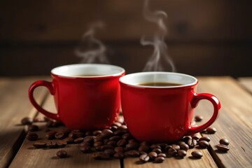 Two steaming mugs of dark coffee, nestled amongst roasted beans on a rustic wooden surface, ready to be enjoyed
