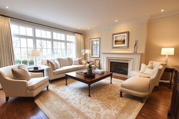 Fototapeta premium A transitional living room blending classic warmth with contemporary clean lines. Opt for a neutral color scheme, streamlined furniture pieces, and refined textiles. Integrate modern lighting fixtures