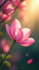 Obraz premium Delicate pink petals drift gently downward, sunlight illuminating their translucent beauty , spring, wind