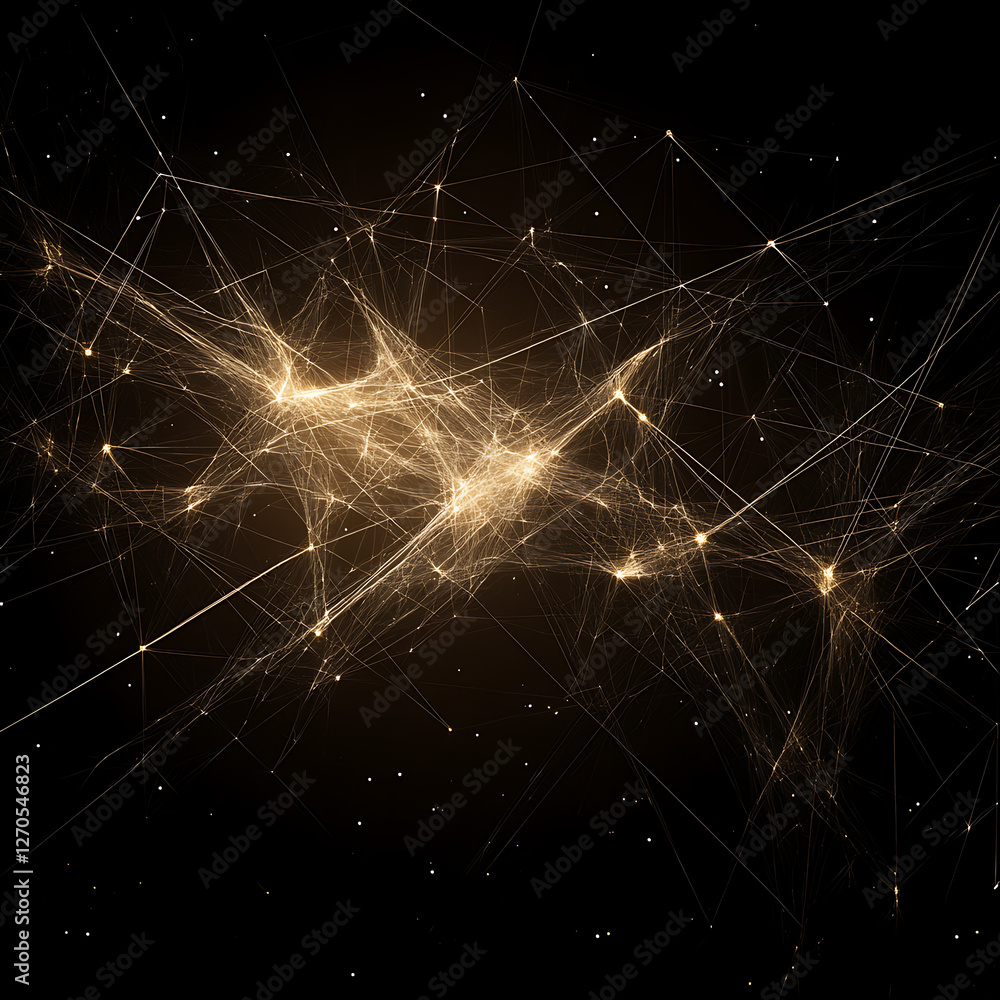 Poster abstract network interconnection with glowing nodes and golden lines on dark backdrop style