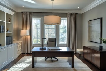 A transitional office blending classic warmth with contemporary clean lines. Opt for a neutral color scheme, streamlined furniture pieces, and refined textiles. Integrate modern lighting fixtures