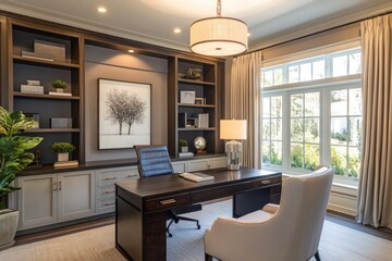 A transitional office blending classic warmth with contemporary clean lines. Opt for a neutral color scheme, streamlined furniture pieces, and refined textiles. Integrate modern lighting fixtures