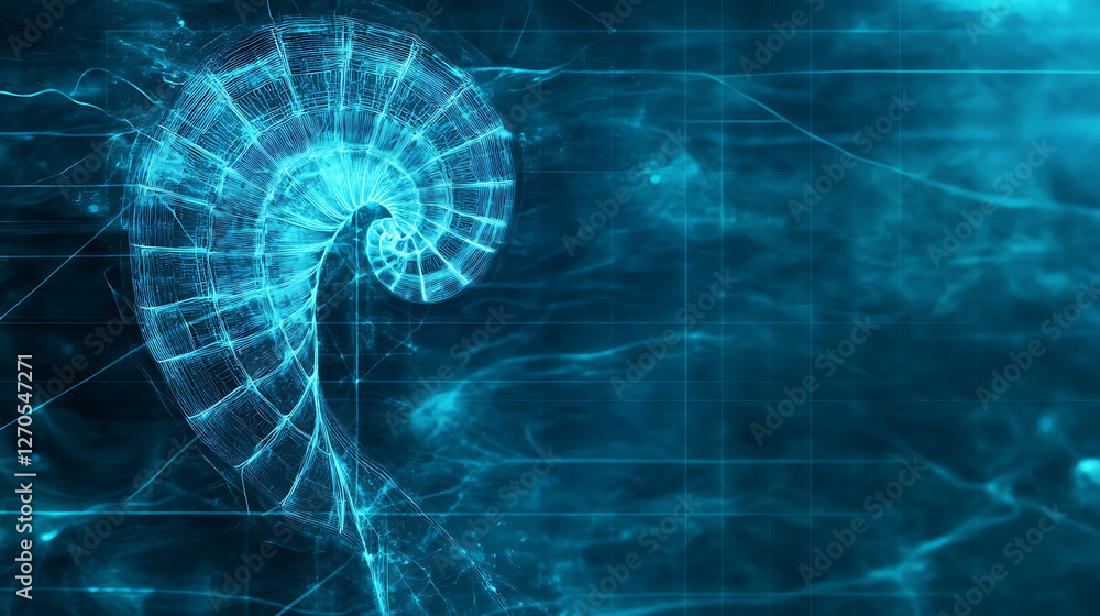 Poster abstract oceanic nautilus shell digital art composition on cyan background texture illustration