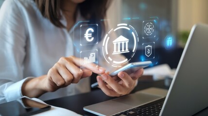 Person uses phone for online banking with digital interface