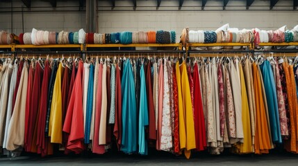 Fabric Samples Hanging On Hangers And Cloth Rolls On Rack In Warehouse. Colorful Textile Variety. Textile Industry Concept.