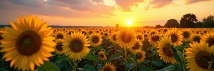 Obraz premium Massive sunflower field glowing at sunset, vibrant colors , colors, rural scene