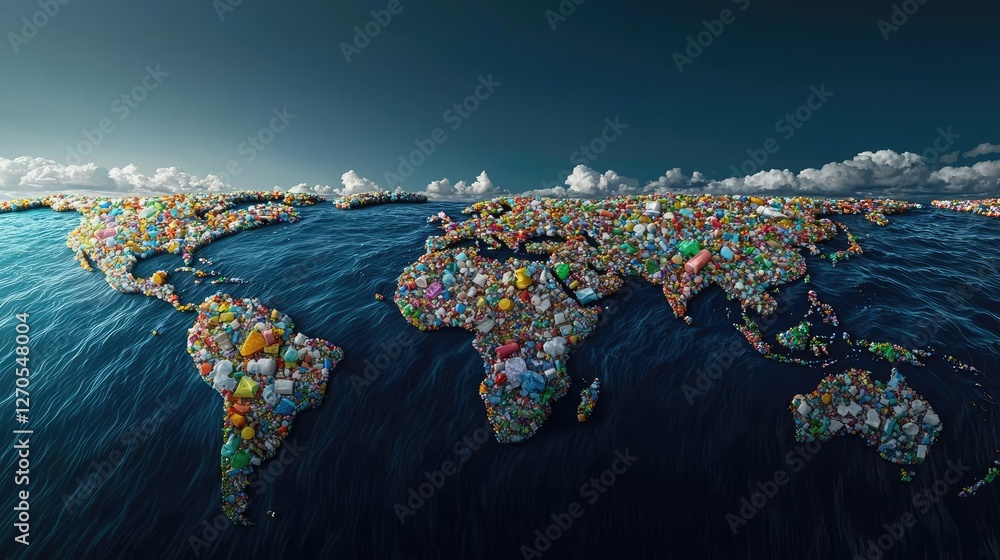 Poster plastic pollution idea. a stunning view of a world map composed of various types of litter in the oc
