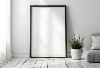 Black frame on the white wall and floor 3d rendering
