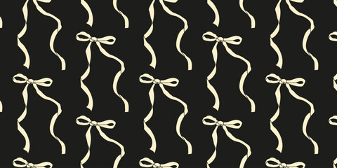 Elegant black background adorned with repeating cream ribbons in a classic pattern