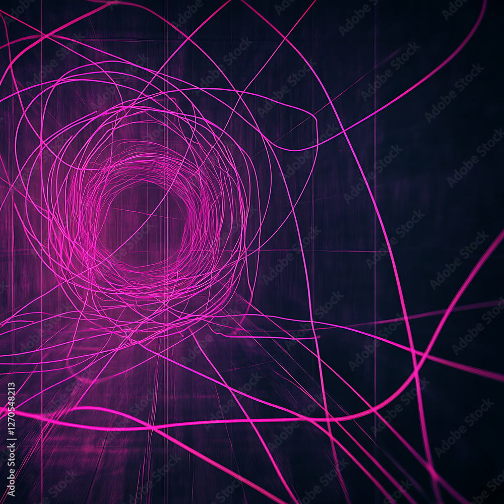 Poster abstract purple light tunnel effect with geometrical lines and swirls in dark background