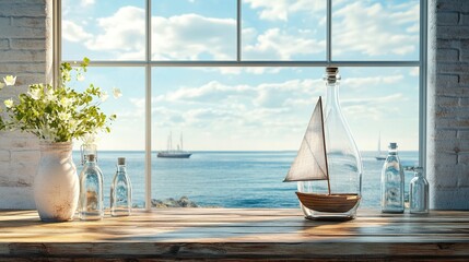 nautical concept with sail boat in the bottle over wooden table indoors and sea landscape background from the window