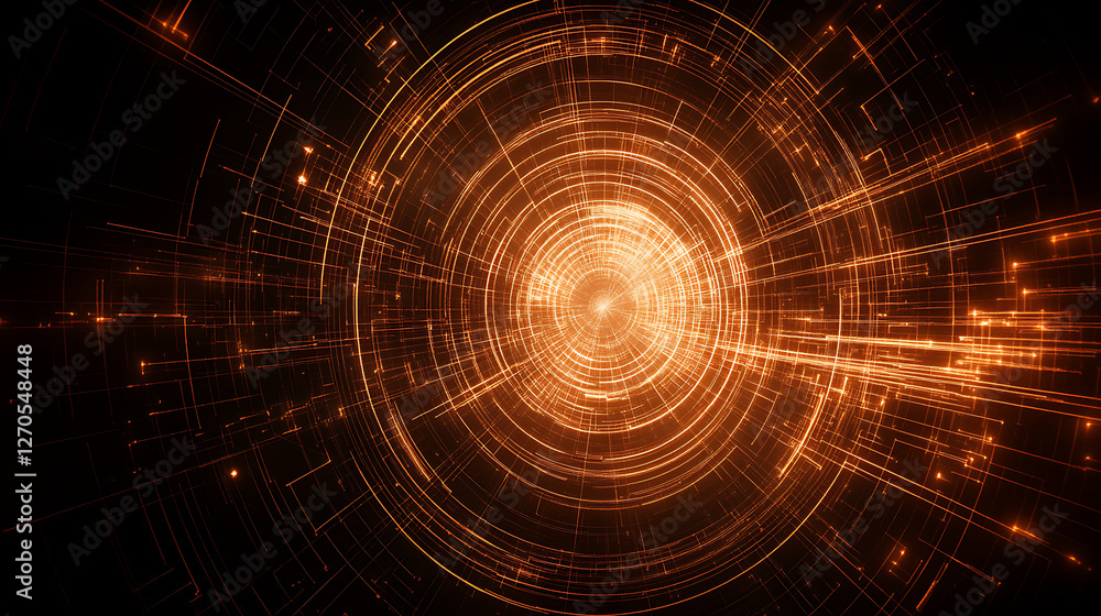 Poster abstract rings of light bursting into information streams creating data visualization