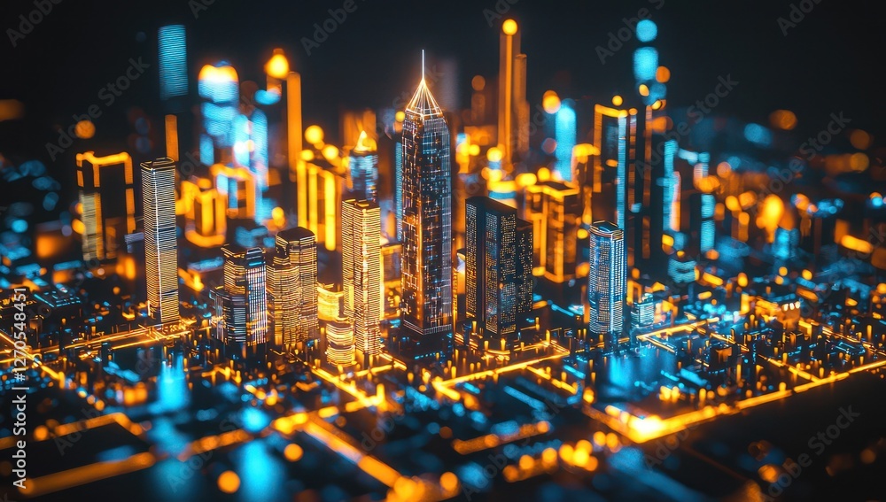 Aufkleber digital urban planning enriched with glowing holographic structures and data flows.