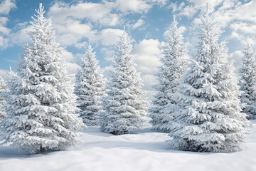 Snow-covered pine trees in a serene winter landscape with a bright blue sky and fluffy clouds