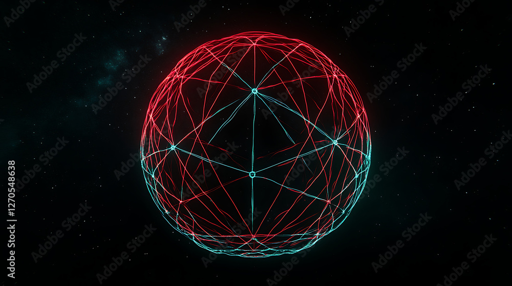 Poster abstract sphere with red and teal lines in deep space galaxy background presentation