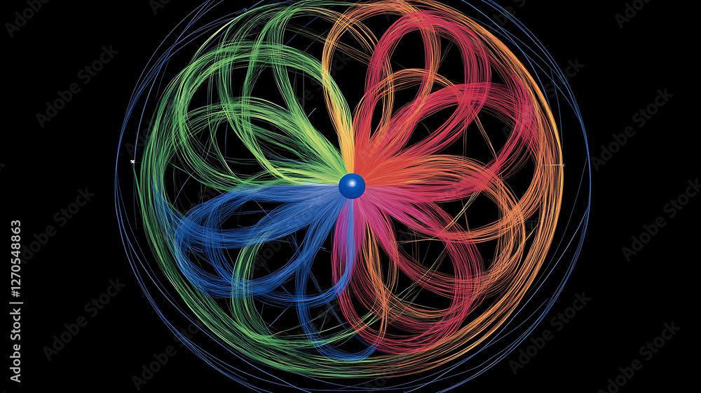 Poster abstract spherical design with flowing lines of gradients radiating from central focus point