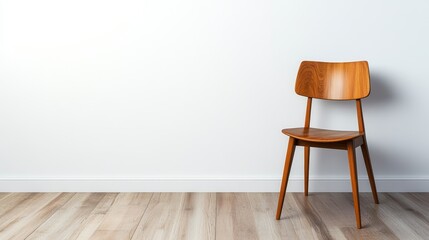 Fototapeta premium Minimalist wooden chair positioned against a simple white wall in a bright, airy room