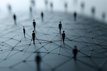 Community, society and interaction : Abstract digital art of interconnected human silhouettes forming a social web, representing online and real-life interactions.