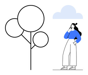Woman in blue top and white pants contemplating next to a three-circle tree and blue cloud. Ideal for decision-making, creativity, contemplation, nature, minimalism, modern designs, lifestyle