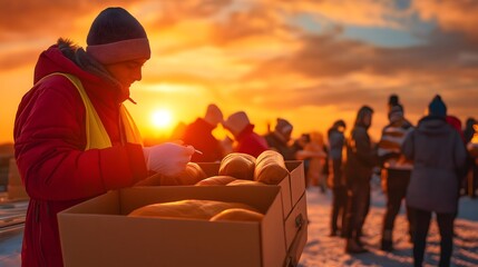Community, society and interaction : Community volunteers distributing meals to the homeless under a golden sunset, reflecting kindness and social responsibility.
