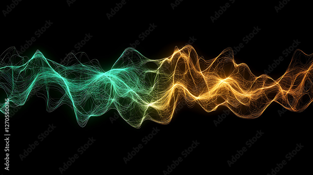 Poster abstract waveform data visualization with teal and gold energetic lines on black background