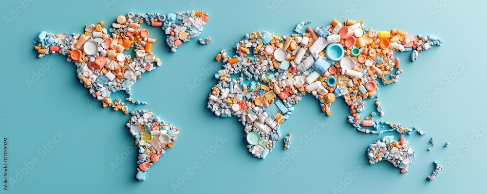 Poster plastic pollution idea. colorful map of the world created with various recycled materials and object