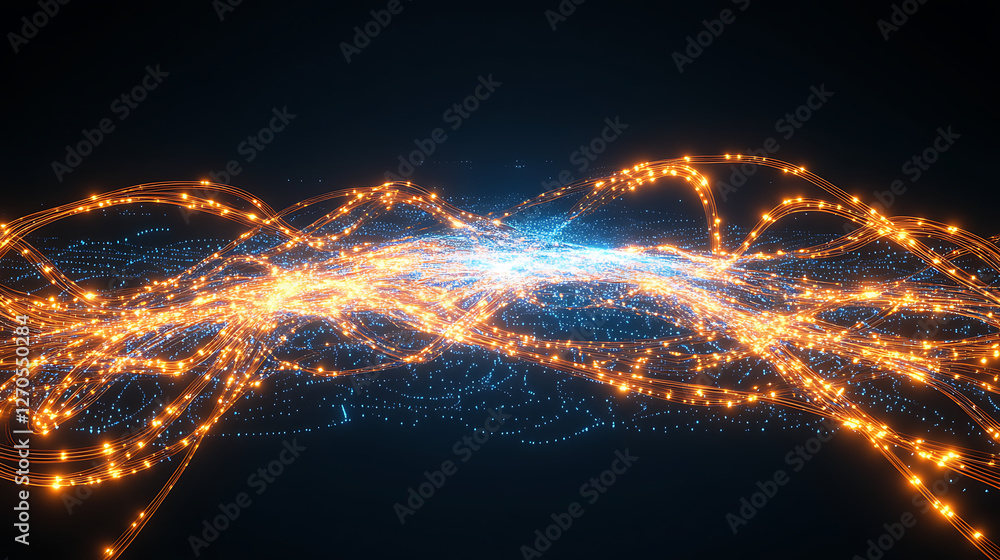Poster abstract wavy light streams with interconnected glowing nodes for technological network flow