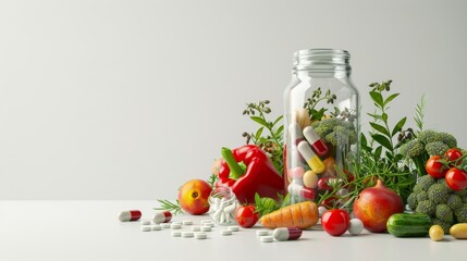 An array of colorful fruits and vegetables. Healthy foods and supplements. multivitamins with fruits and vegetables. Colorful vegetables and fruits. Vegan food background. Healthy eating. Real food
