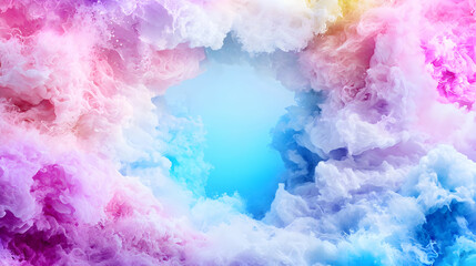 Fototapeta premium Vibrant pink and blue clouds forming a circular frame against a bright sky background.