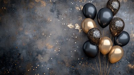 Fototapeta premium Elegant Black and Gold Balloons on Dark Sparkling Canvas Background