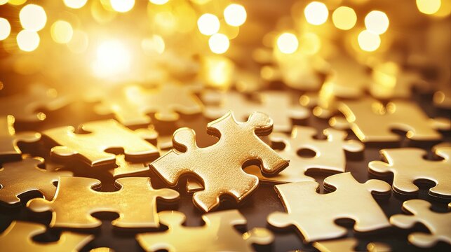 Golden Puzzle Pieces on Dark Background with Bokeh Light Effect