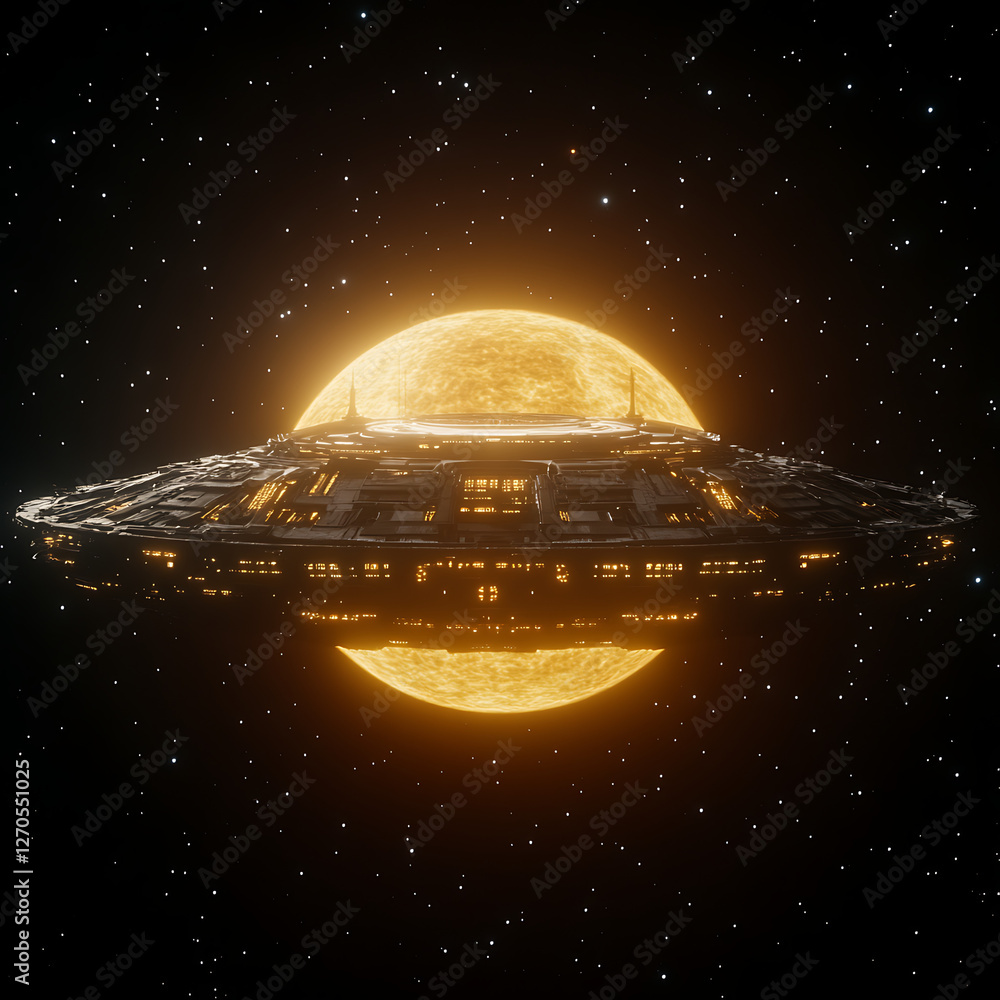Poster advanced alien spacecraft hovering near a distant star in deep space galaxy exploration