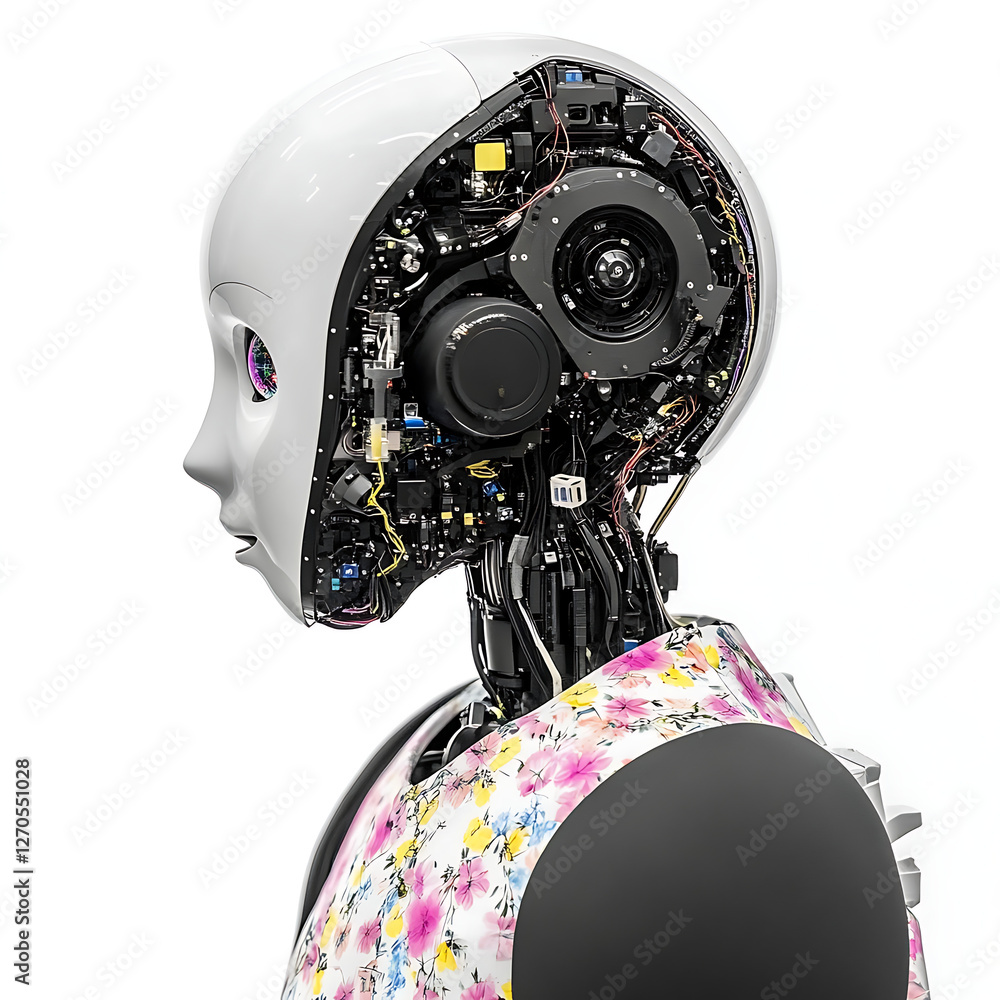 Aufkleber advanced android automation with floral shirt and detailed internal tech components side view