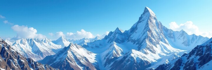 Fototapeta premium Jagged snow-capped peaks pierce a vibrant blue sky , dramatic, high altitude