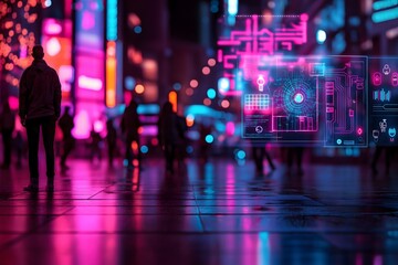 Community, society and interaction : Futuristic city square with diverse people engaging in digital and face-to-face conversations, holograms displaying community connections, neon cyberpunk vibe.