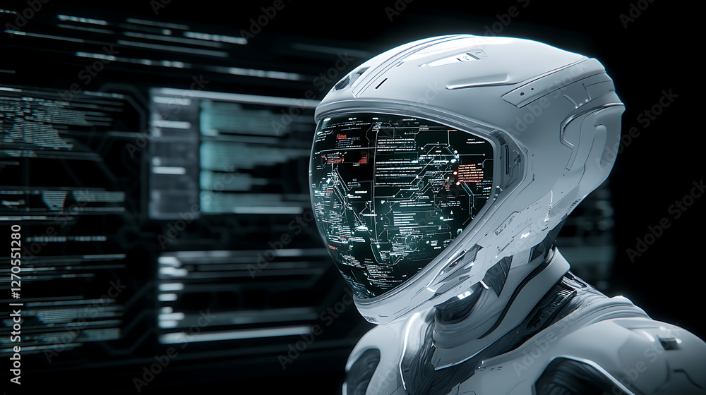 Poster advanced cybernetic humanoid accessing visual data interface futuristic cyberpunk 2077 concept art