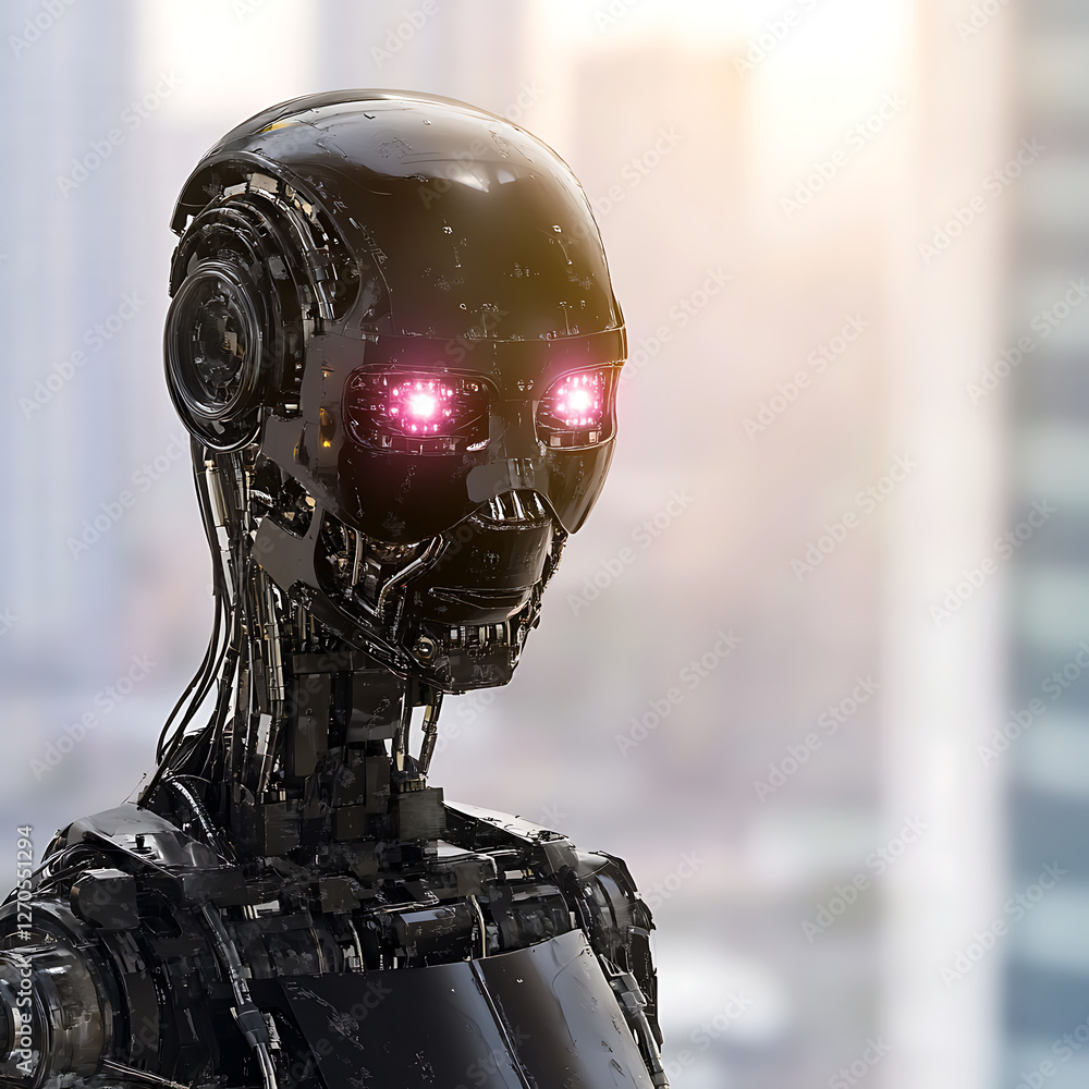 Poster advanced cybernetic organism in urban setting artificial intelligence and synthetic being technology