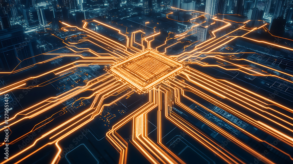 Poster advanced futuristic microprocessor chip design and integrated city network architecture visualizatio