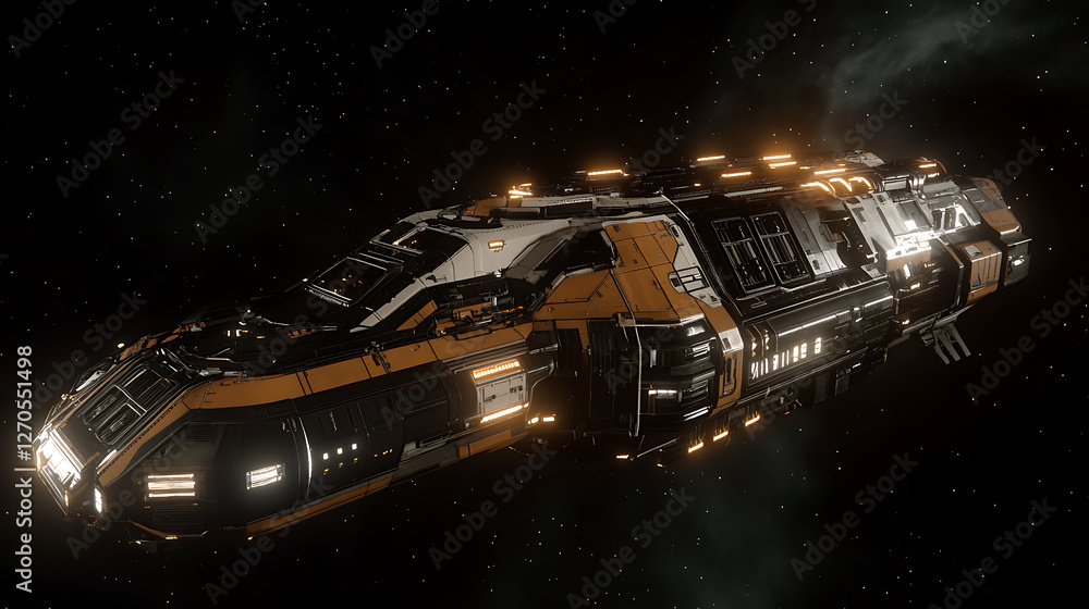 Poster advanced interstellar freighter navigating deep space exploration and trade in a galaxy setting