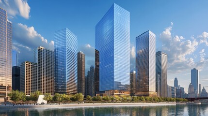 Fototapeta premium Towering Skyscrapers Reflected in Water Under Bright Blue Sky