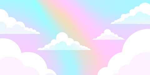 Vector pastel gentle cartoon light rainbow cloudy skyscape. Toon iridescent heavenly skies. Blurry sky