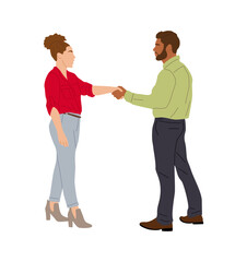 Business man and woman shaking hands. Meeting of business people. Office workers in smart casual office outfit. Vector flat colorful illustration isolated