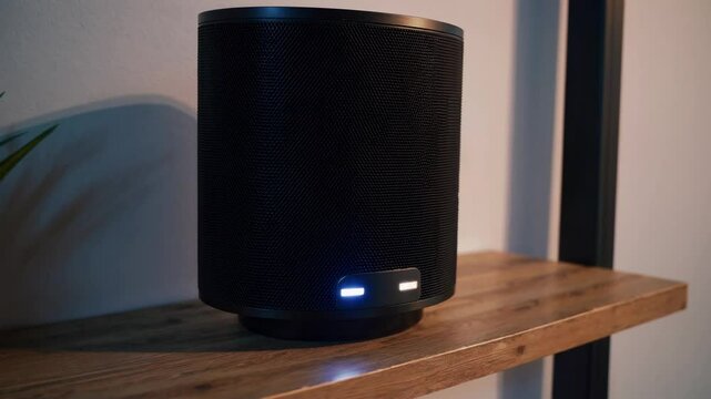 A cozy, modern interior video scene with a smart speaker, plant, and books on a wooden shelf. Captured from a side angle for a relaxed vibe.